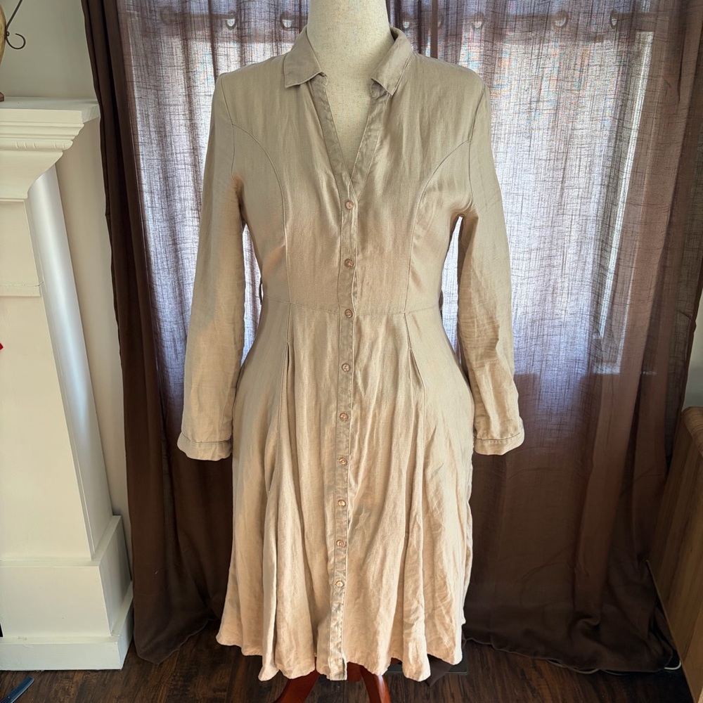 Linen Phase Eight Buttoned Front Neutral A-line Long Sleeve Dress size 6